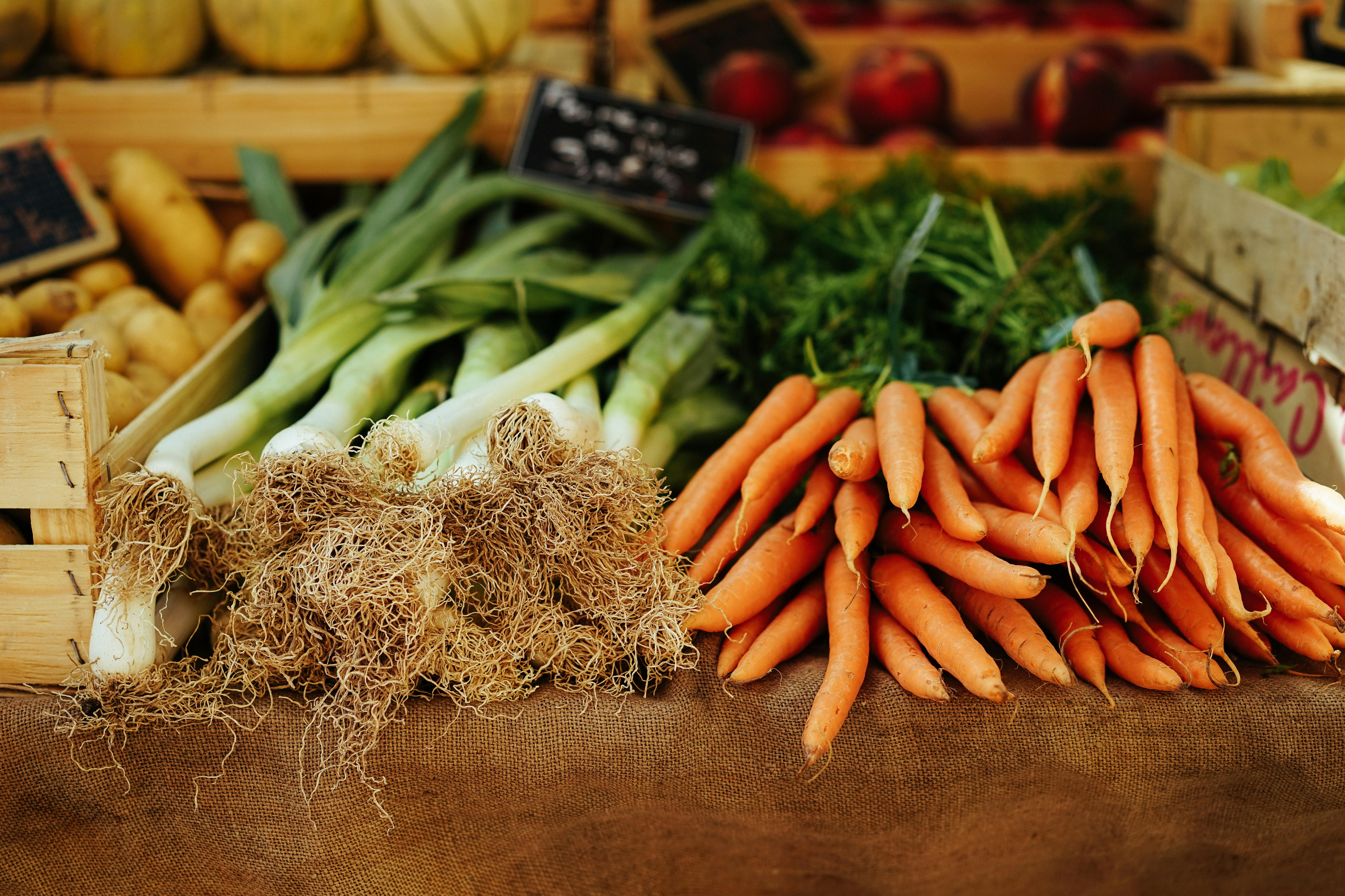 Table with a pile of carrots and green onion.